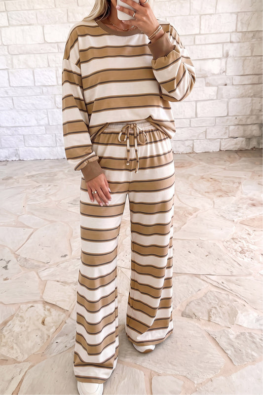 Women's Khaki Stripe Contrast Trim Patchwork Casual Two-Piece Pants Set