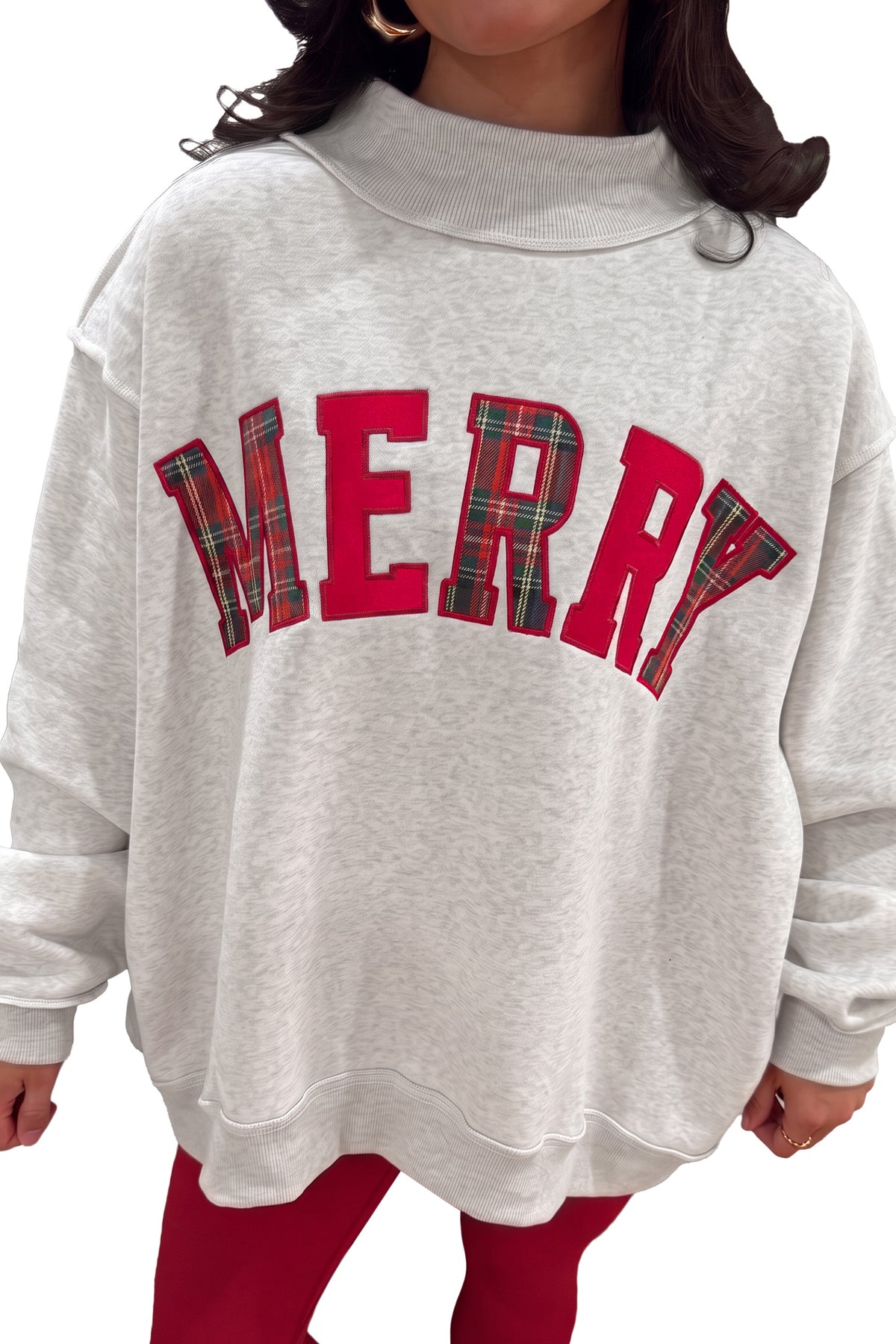 Blackish Green MERRY Embroidered Letter High Neck Tunic Sweatshirt