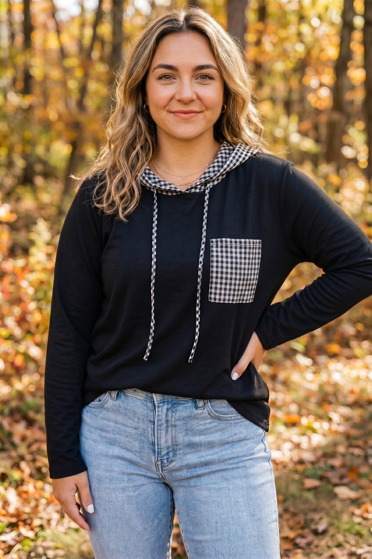 Black Hooded Gingham Paneling Chest Patch Pocket Long-Sleeve Plus Size Blouse
