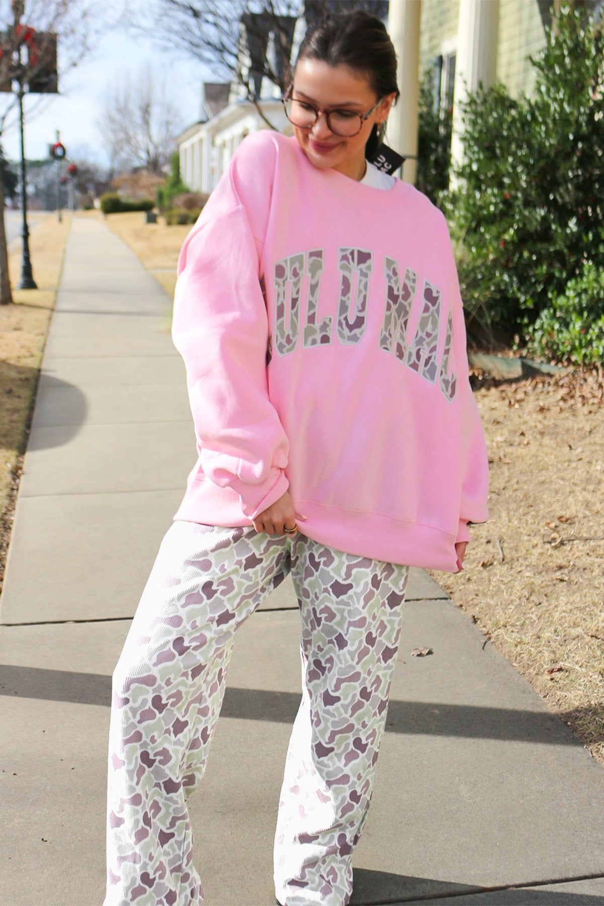 Green Camo Print Drawstring Waist Loose Fit Full-Length Pants