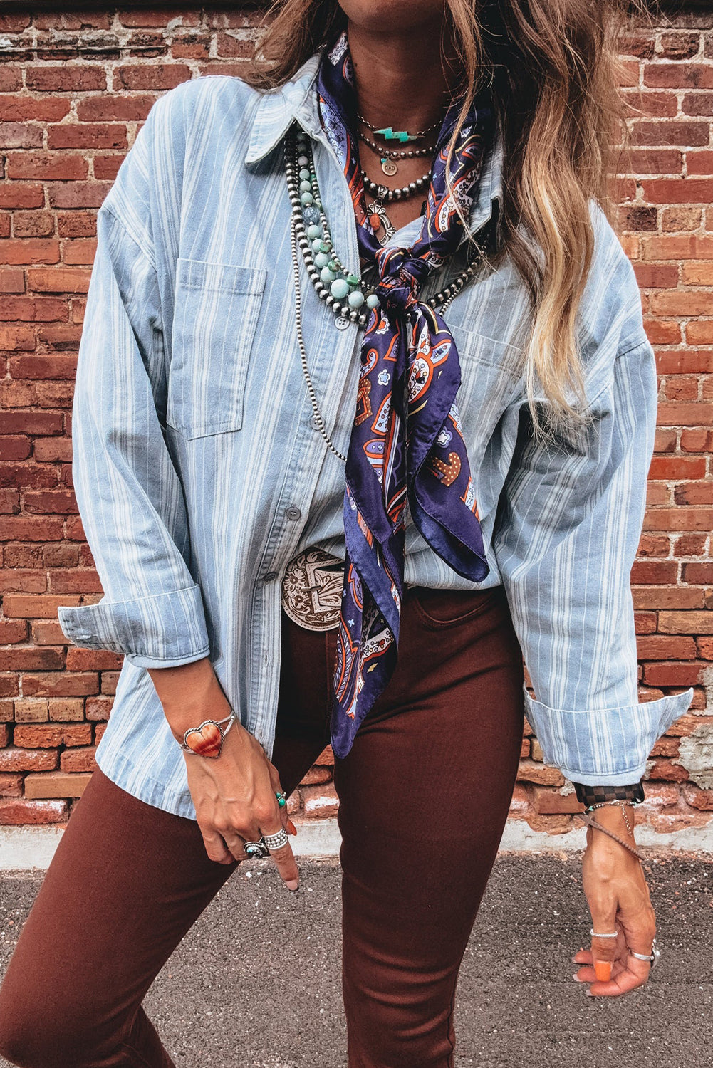 Sky Blue Stripe Boyfriend Chest Pocket Classic Denim Shacket