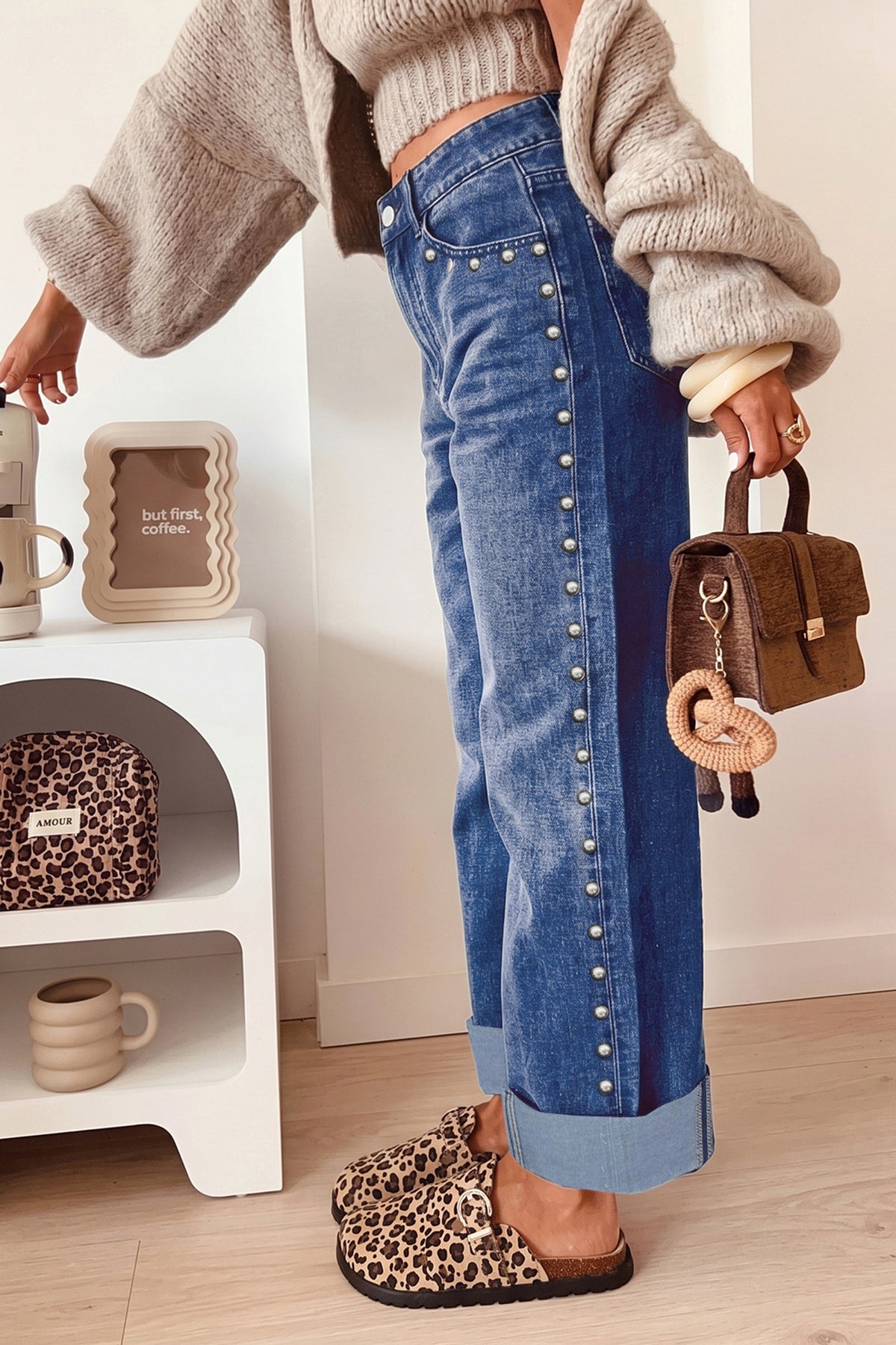 Coffee Studded Straight Leg Casual Loose Jeans