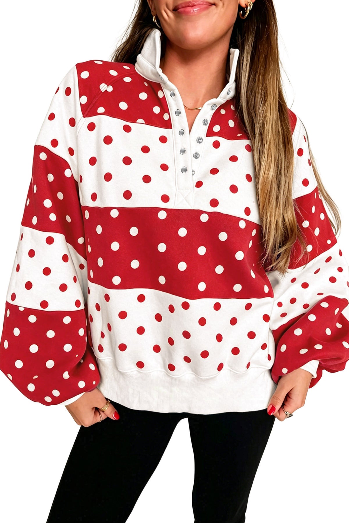 Blue Polka Dot Color Block Half Zip Puff Sleeve Sweatshirt