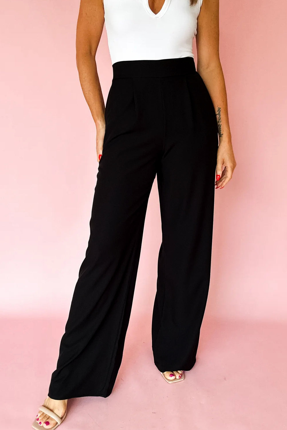Fiery Red Pleated Pull On High Elastic Waist Loose Straight Pants