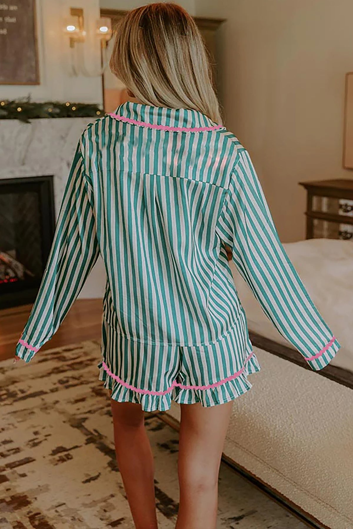 Green Stripe Ricrac Trim Long Sleeve Shirt and Ruffled Shorts Pajama Set