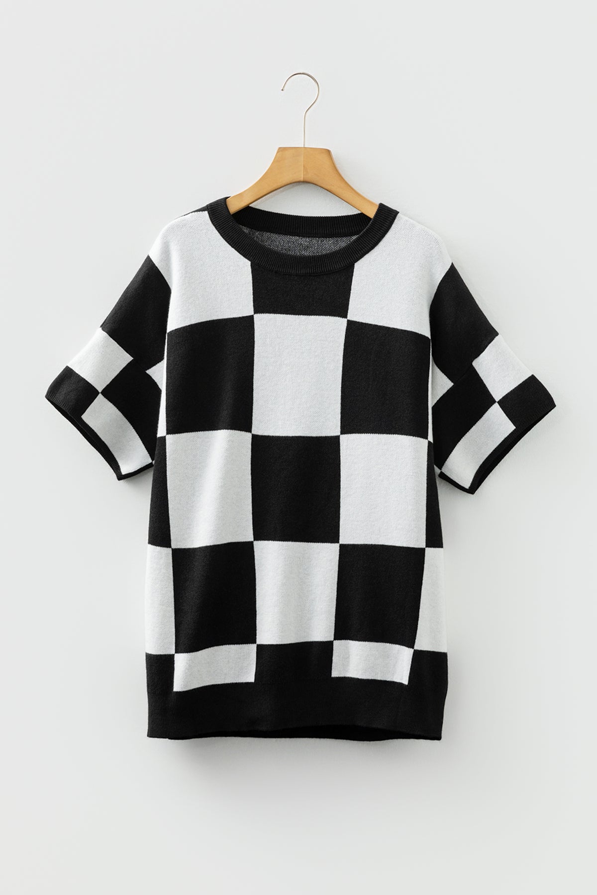 Black Checkered Pattern Loose Drop Shoulder Half Sleeve Sweater