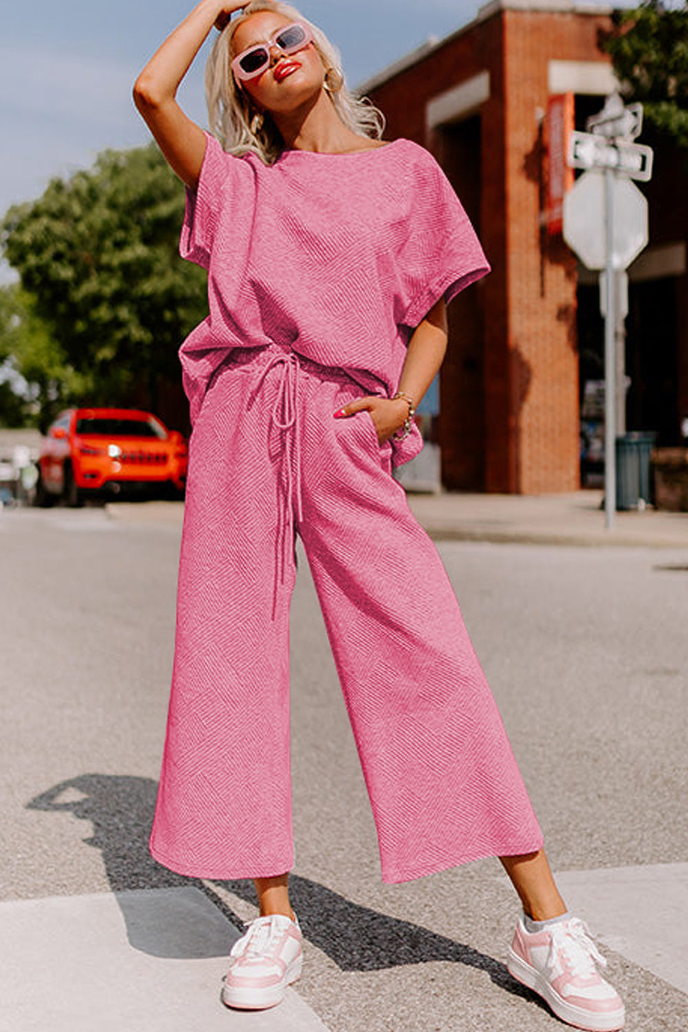Red Dahlia Textured Loose Fit T Shirt and Drawstring Pants Set