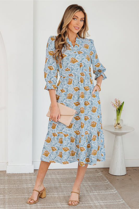 Brown Floral Printed Frilled V Neck Bracelet Sleeve Long Dress