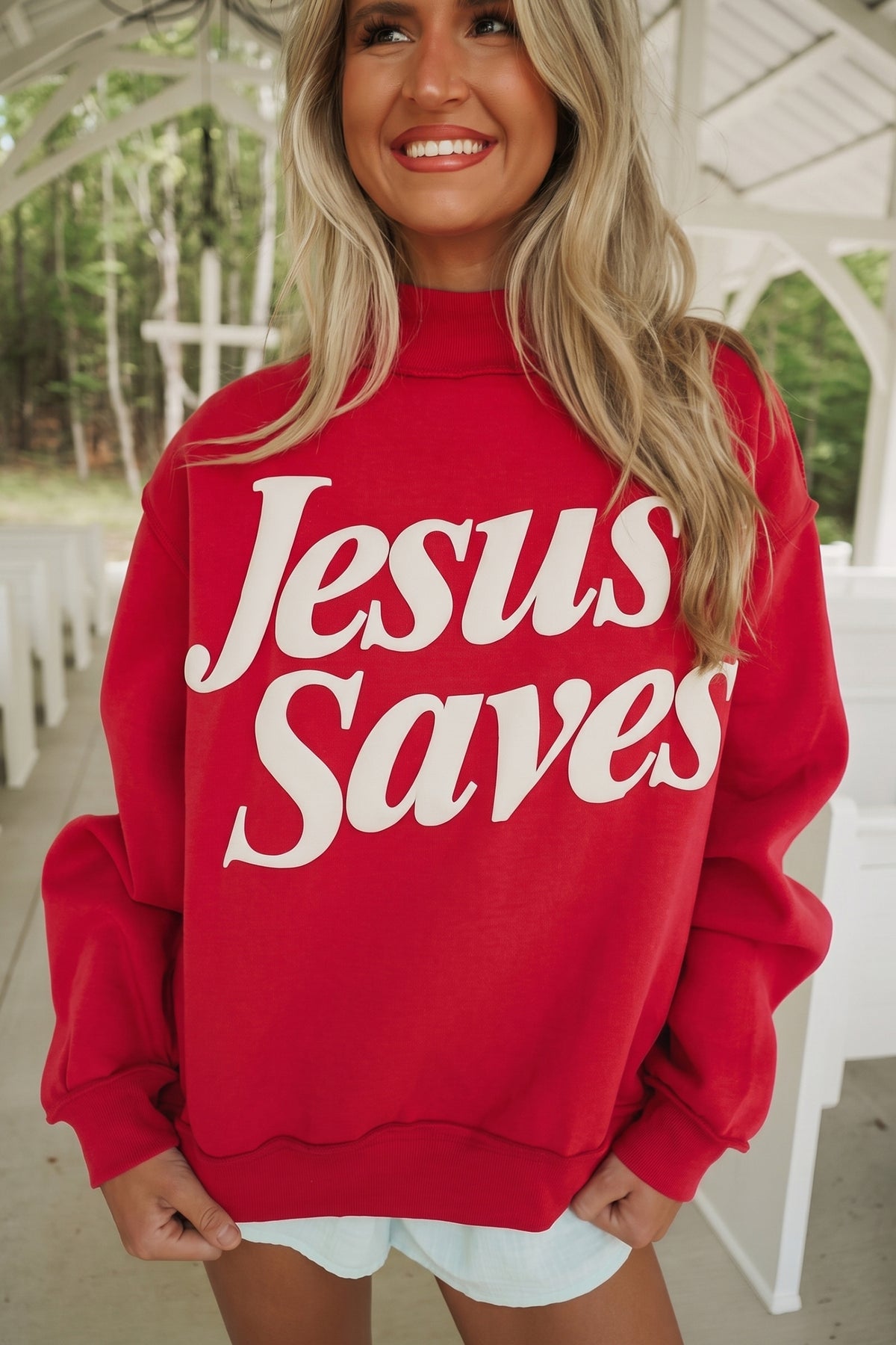 Fiery Red Jesus Saves Slogan Print Stand Neck Sweatshirt