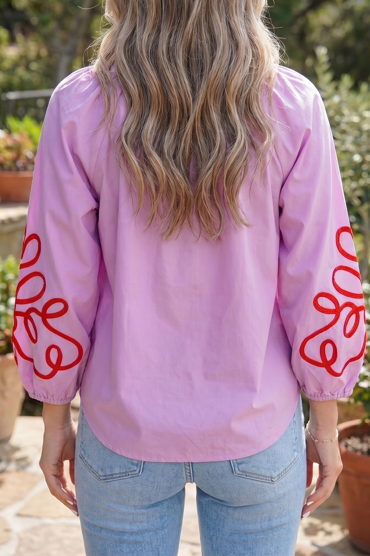 Orchid Bouquet Contrast Decorative Neckline Cotton Blouse