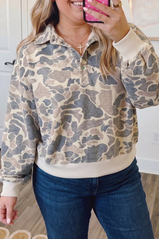Multicolour Camo V-Neck Buttoned Plus Size Sweatshirt