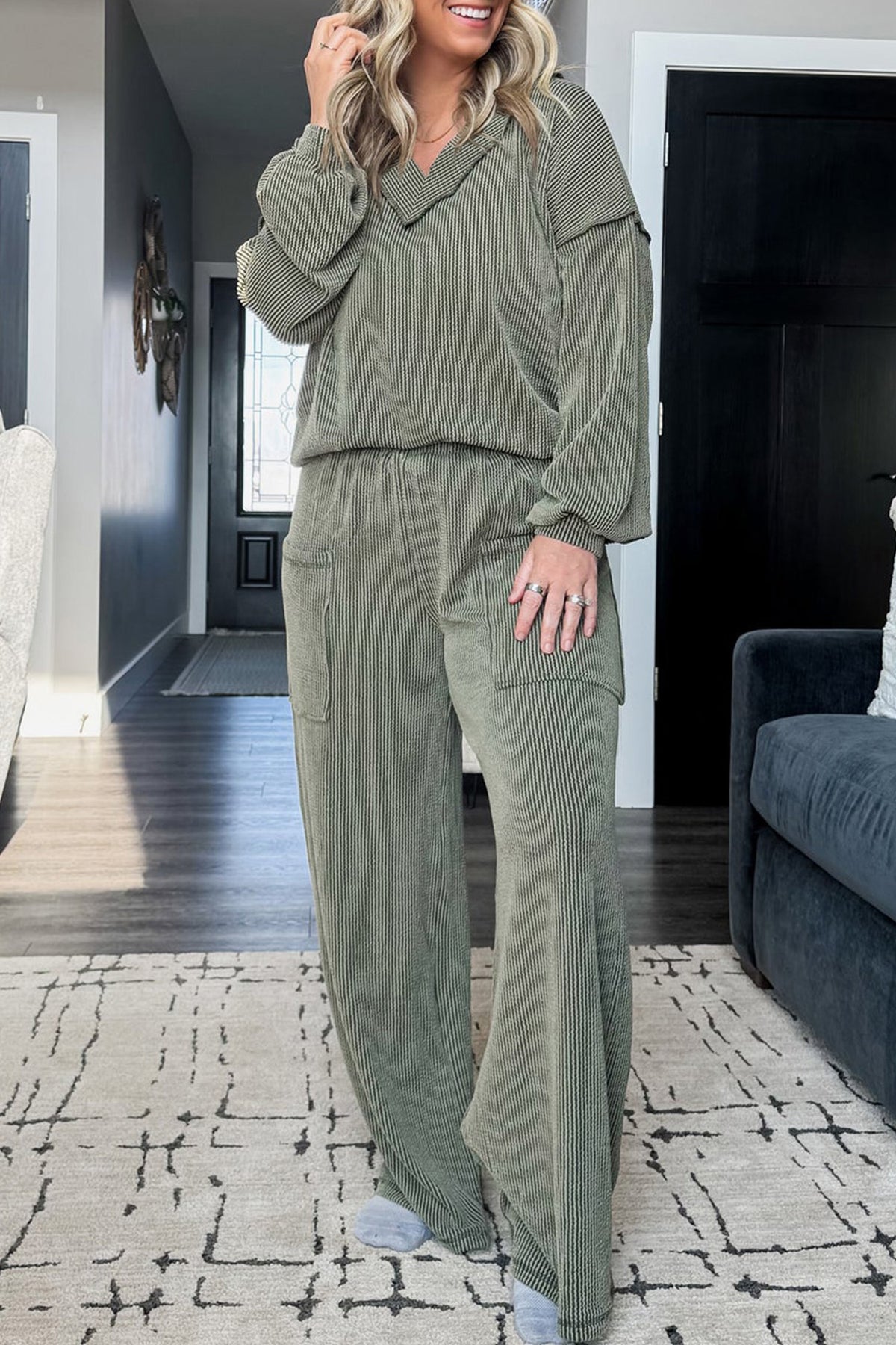 Four Leaf Clover Twisted Ribbed Exposed Seam Detail V-Neck Pullover Plus Size Pant Set