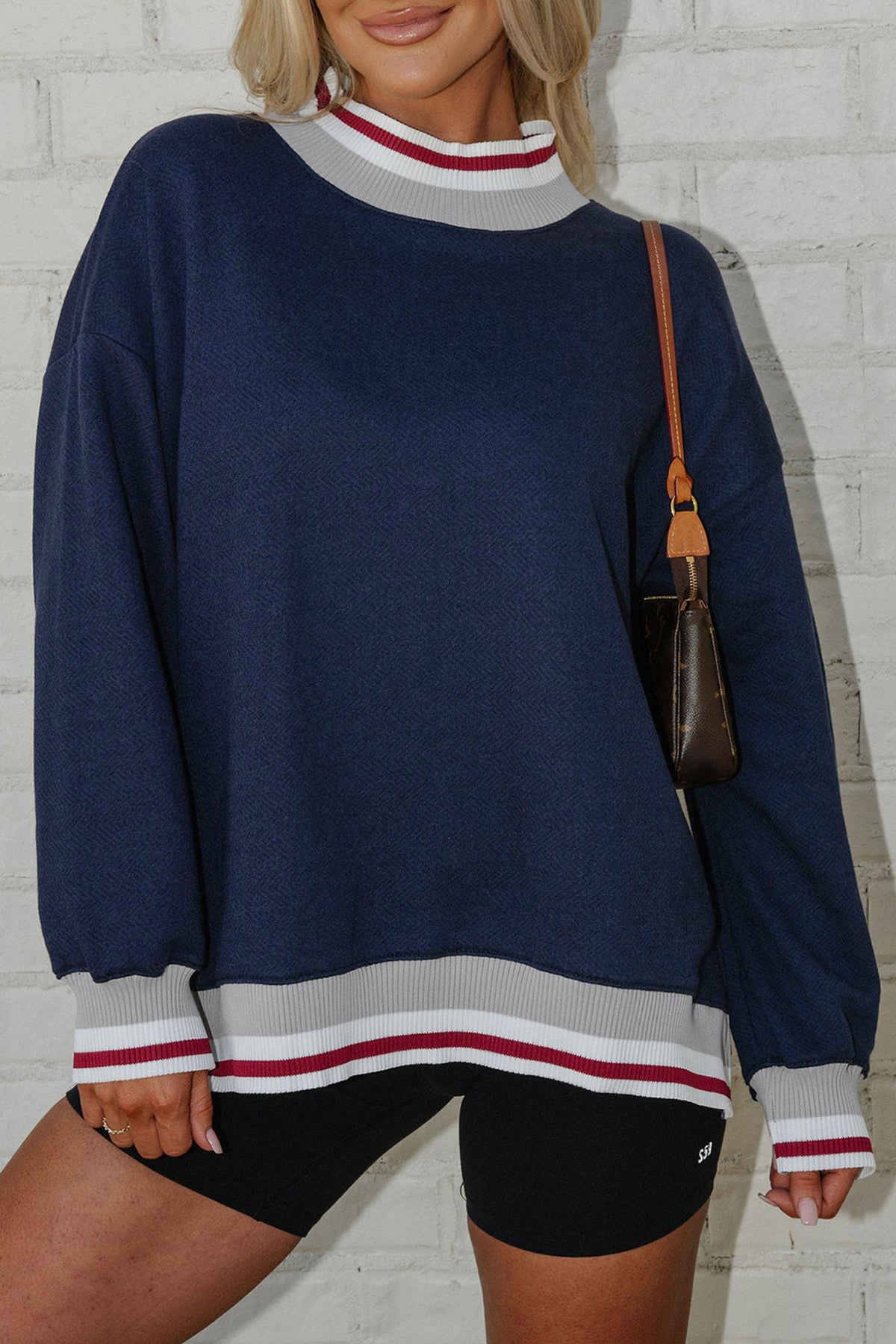 Gray Ribbed Stand Neck Loose Fit Sweatshirt