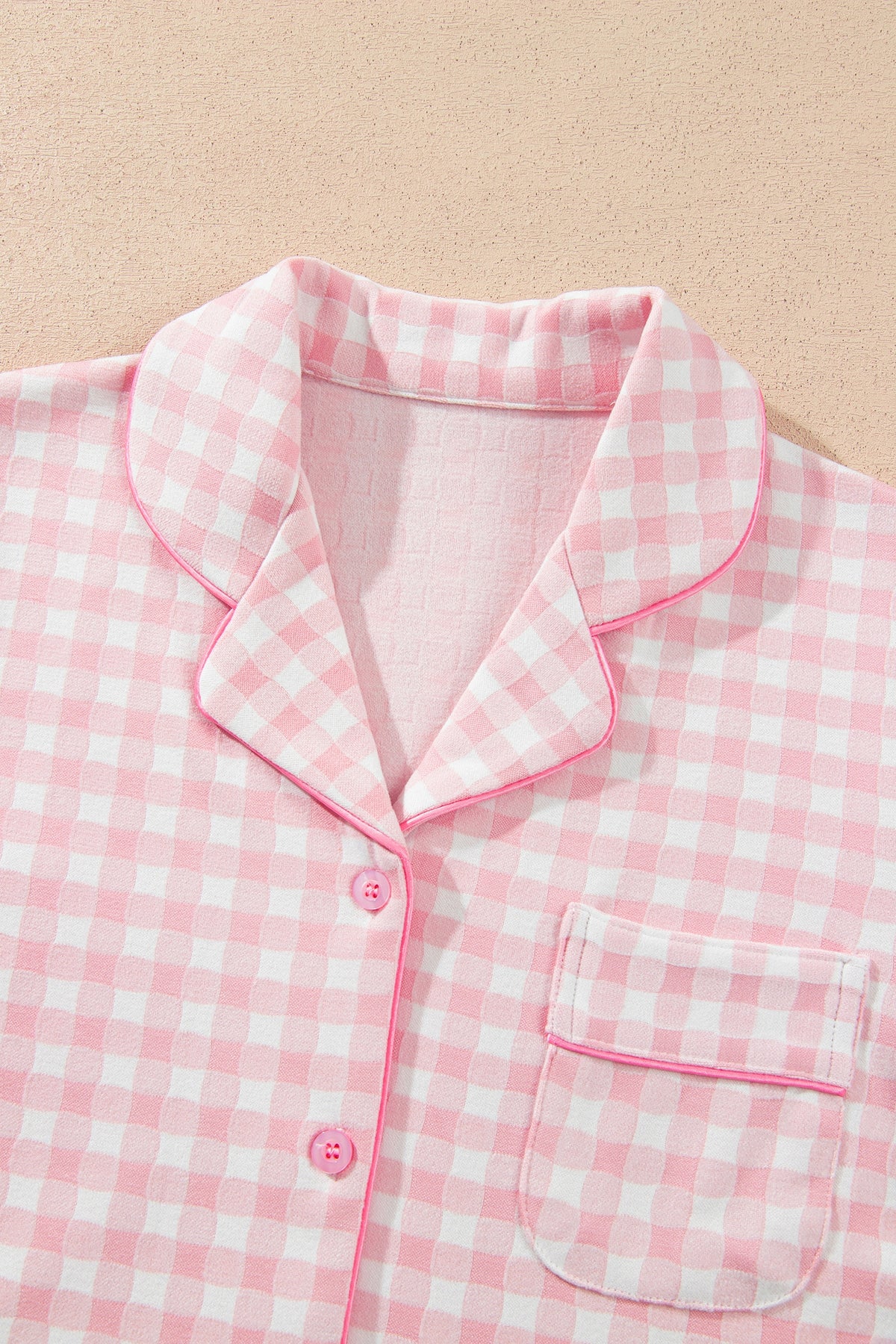Pink Gingham Long Sleeve Lapel Shirt Pajama Pants Set