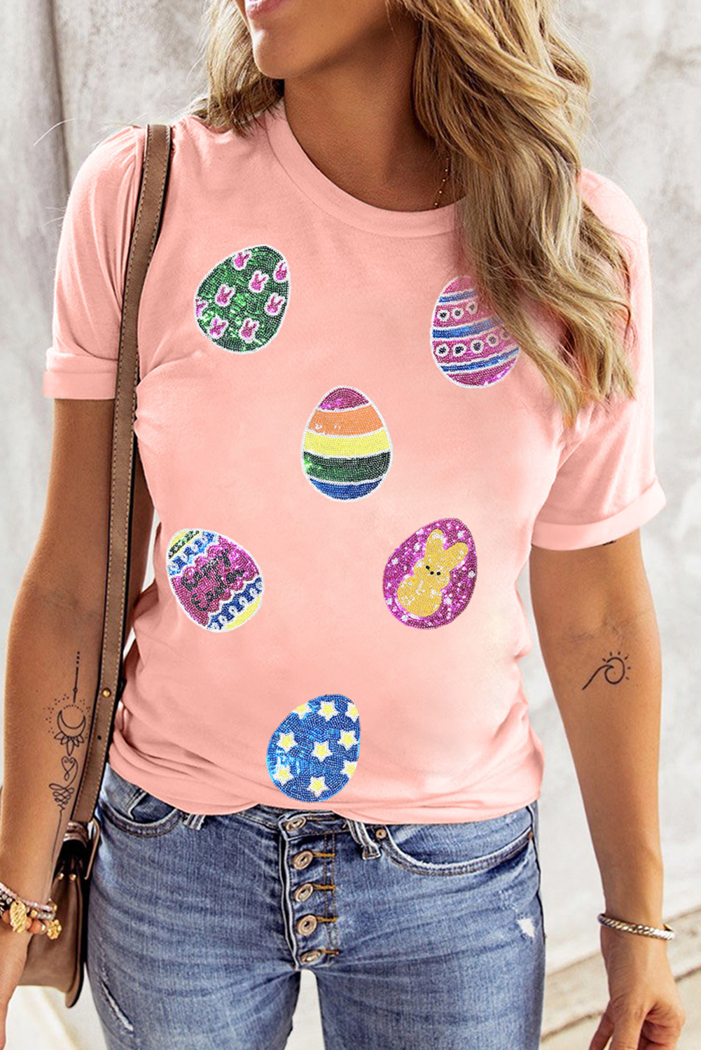 Pink Sequin Easter Eggs Graphic Crewneck T-Shirt