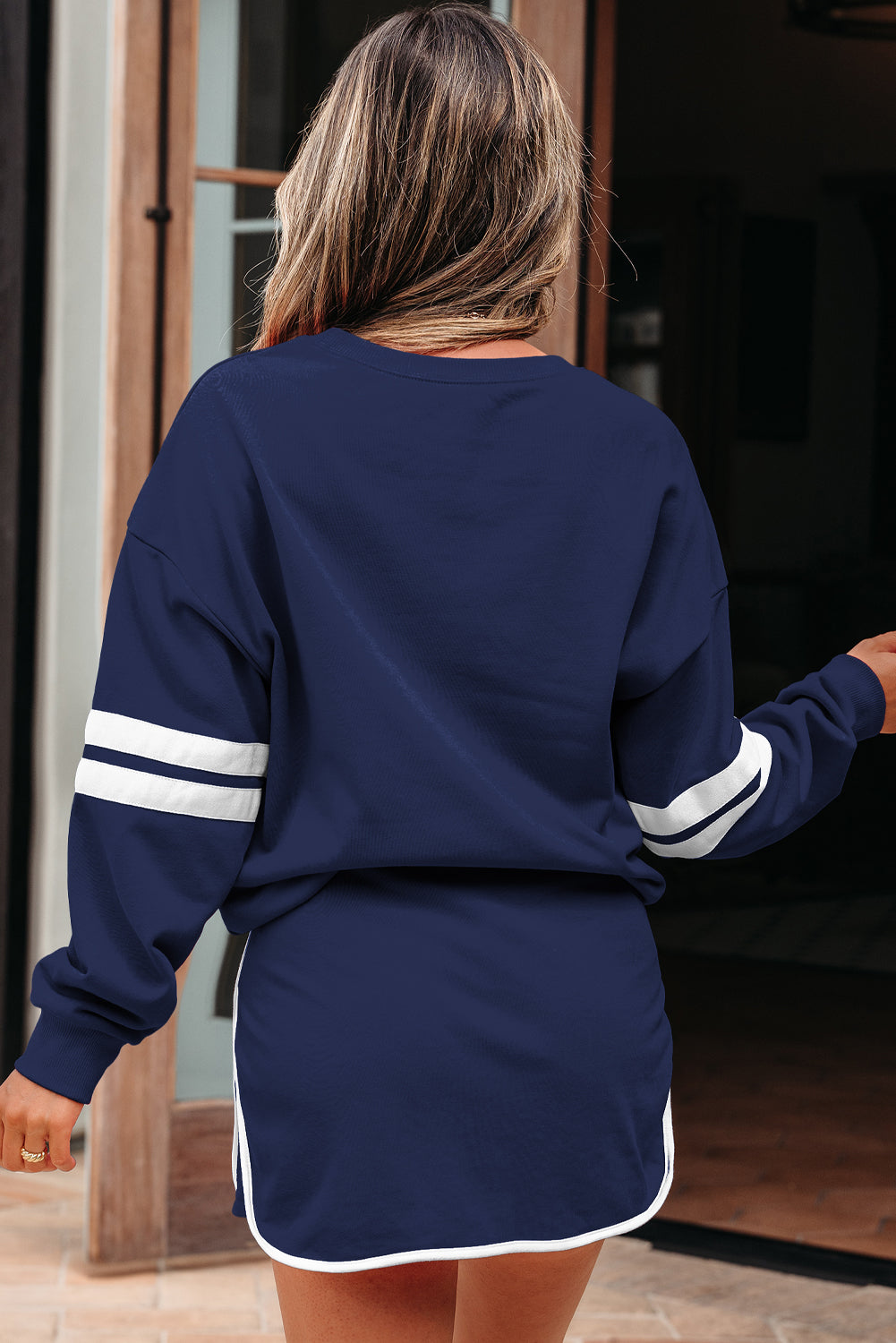 Women's Tillandsia Purple Varsity Stripe Detail Drop Shoulder Pullover Mini Skort Two-Piece Set