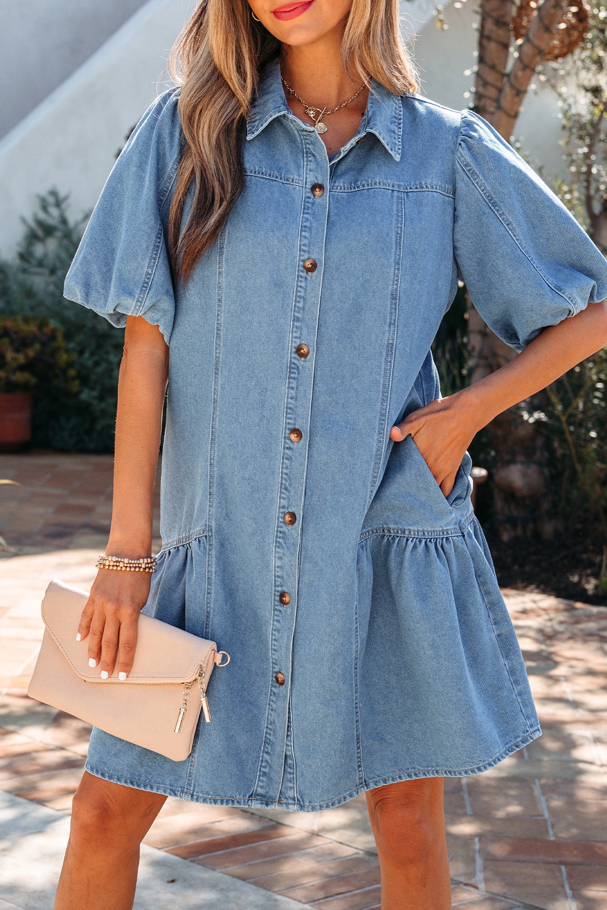 Beau Blue Short Puff Sleeve Ruffle Hem Patchwork Denim Dress