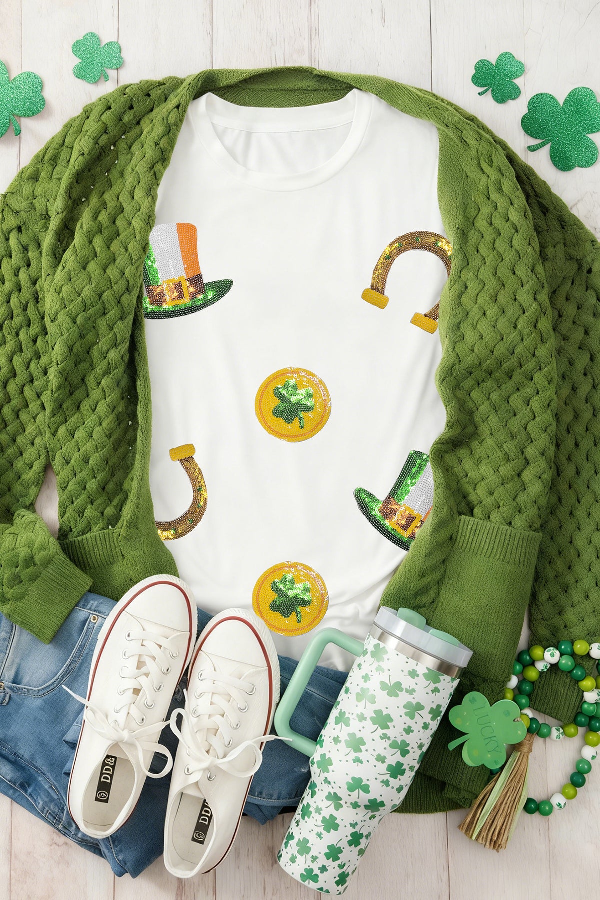 White St Patricks Day Sequin Graphic Casual T-Shirt
