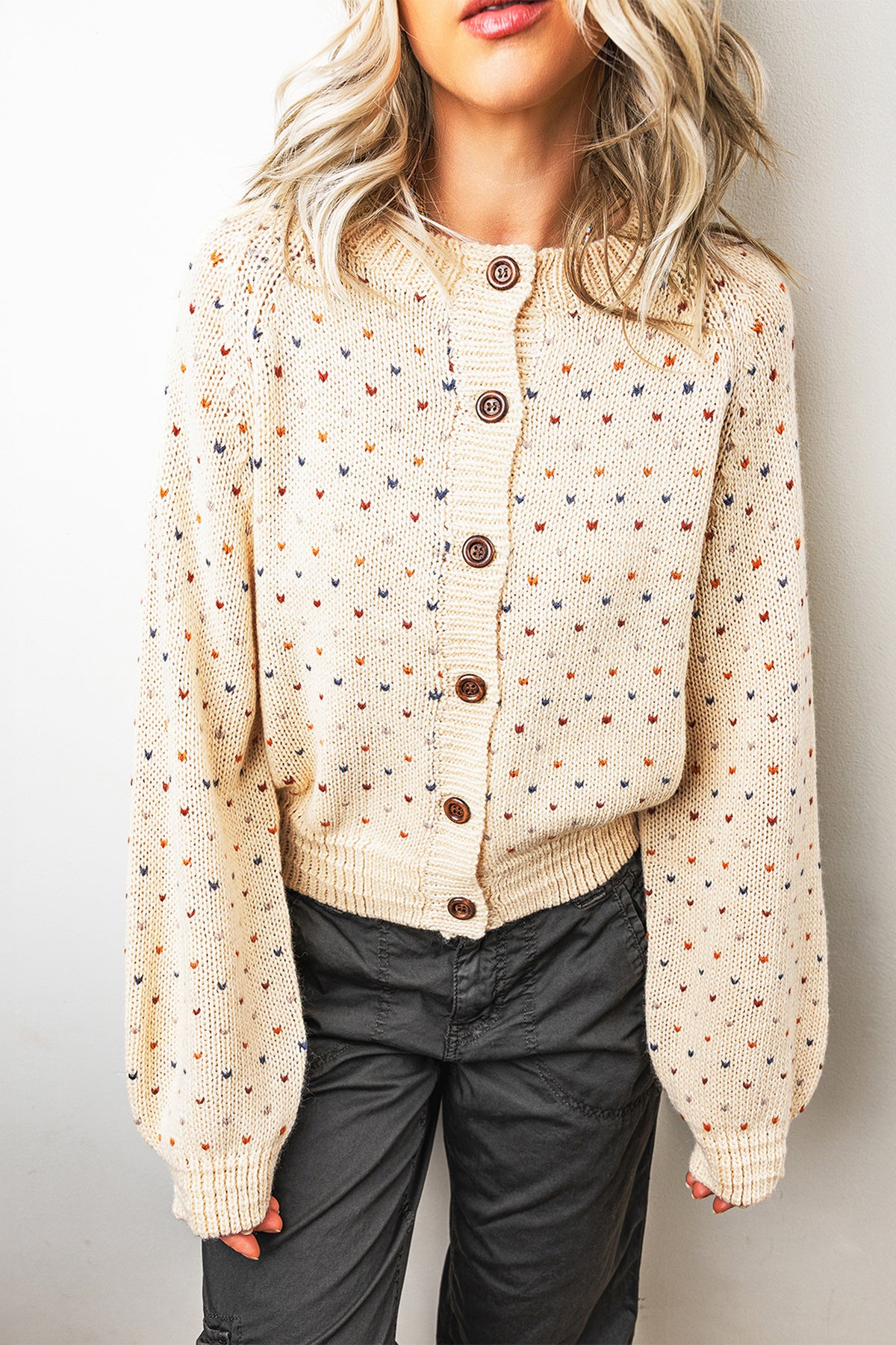 Beige Geometric Print Button Front Long Sleeve Cardigan