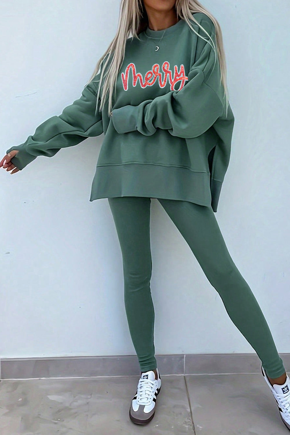 Green Bay Sequin Merry Letter Graphic Sweatshirt and Leggings 2pcs Outfit