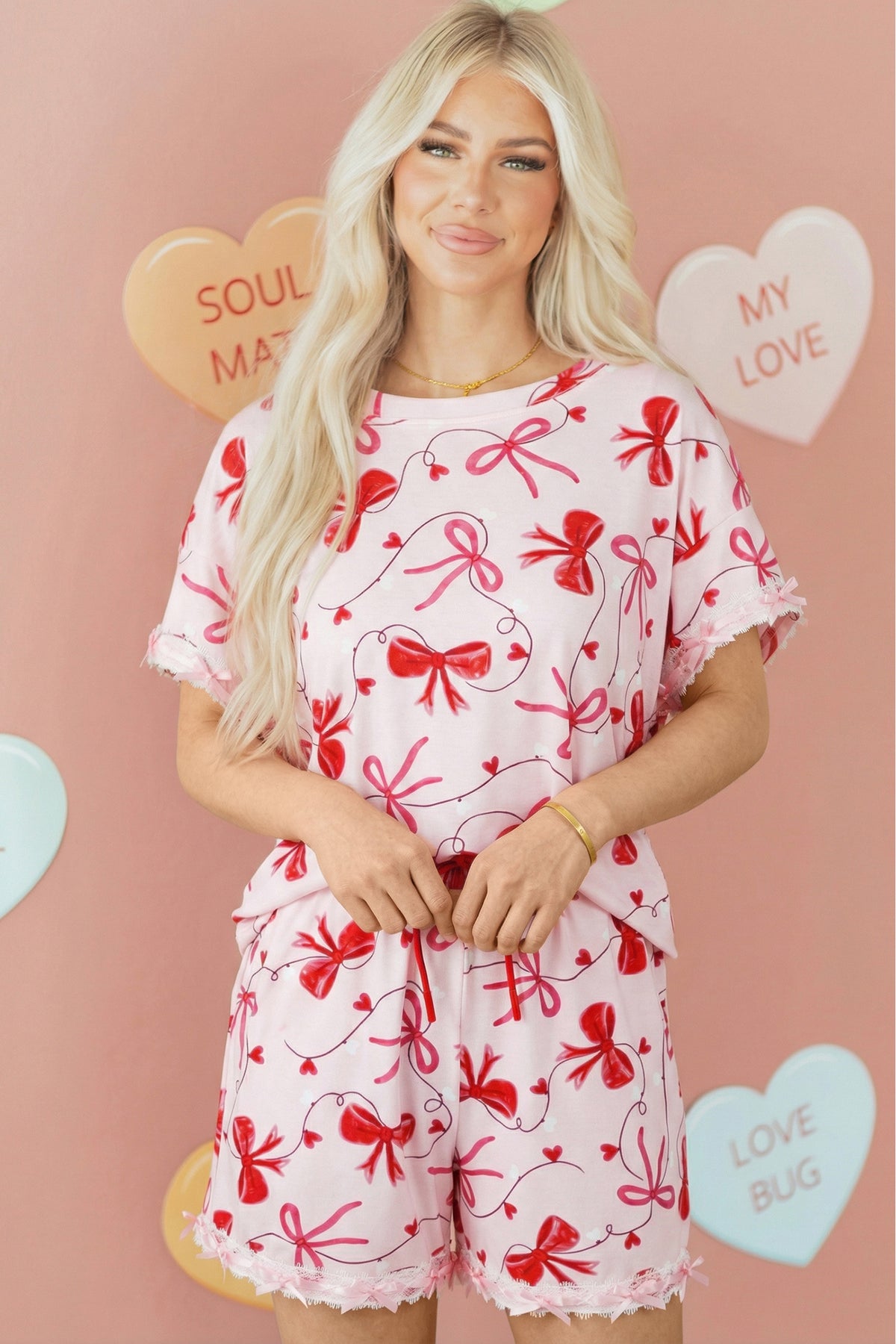 Red Romantic Bow Print Loose Tee Drawstring Shorts Lounge Set
