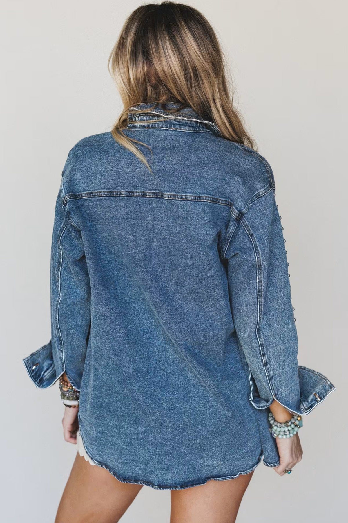 Sail Blue Rivet Embellished Western Style Long Sleeve Denim Jacket