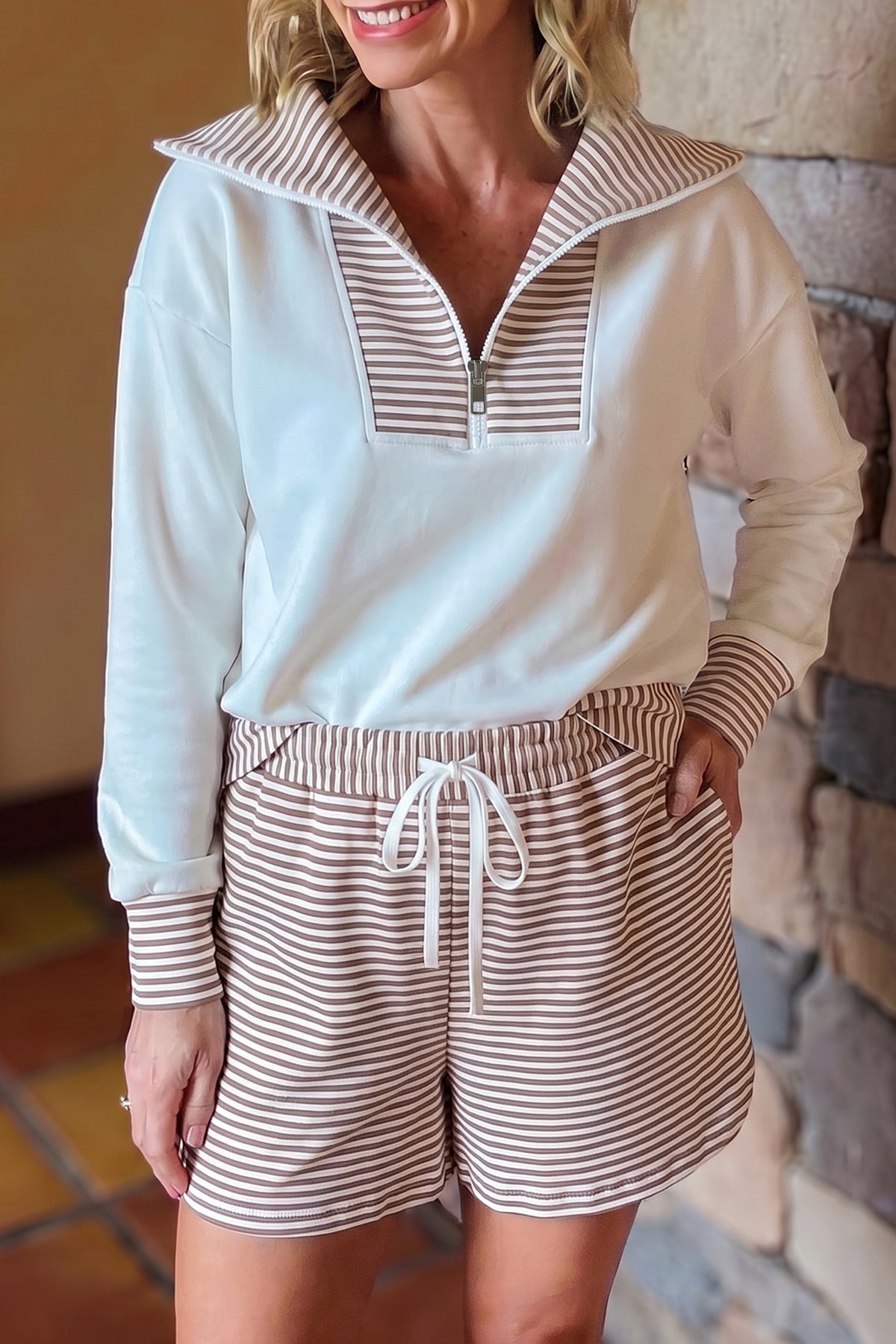 Khaki Stripe Color Block Top and Shorts Set