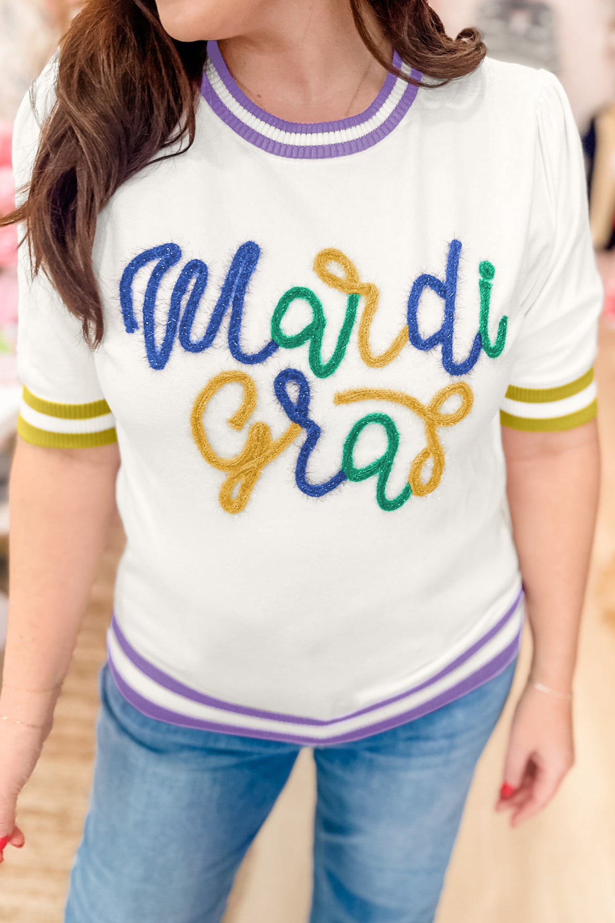 White Mardi Gras Tinsel Letter Graphic Short Sleeve Sweater