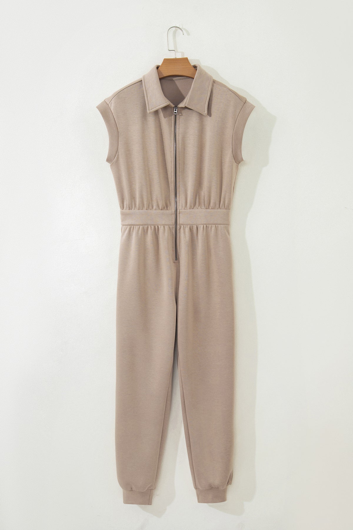 Dark Khaki Solid Zip Front Short Sleeve Collared Jumpsuit