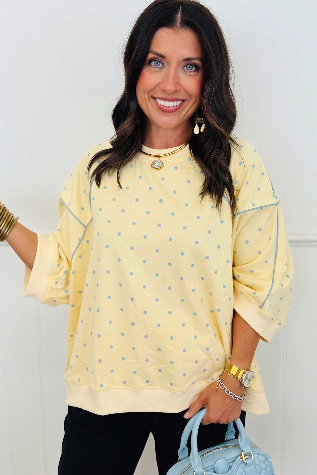 Gray Polka Dot Print Piping Trim 3/4 Sleeve Top
