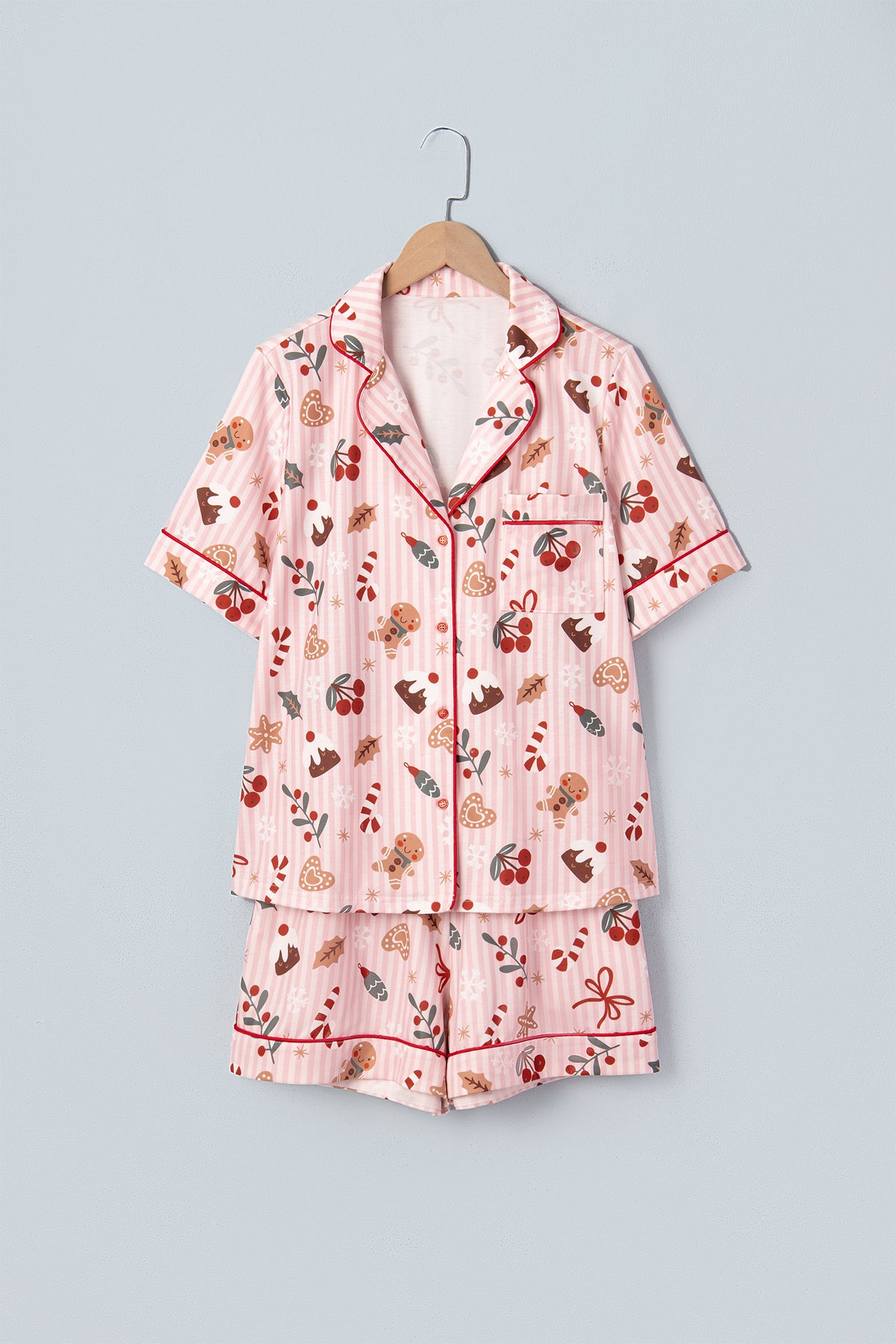 Pink Abstract Christmas Print Short Sleeve Lounge Set