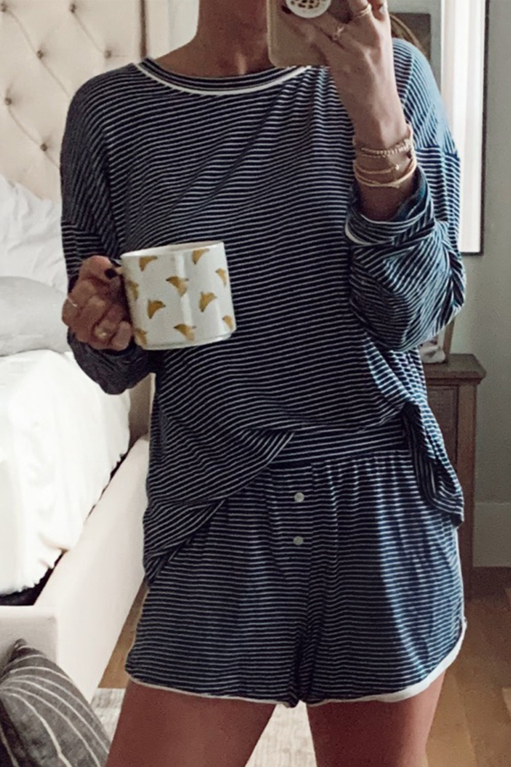 Blue Stripe Long Sleeve Tee and Buttoned Shorts Lounge Set