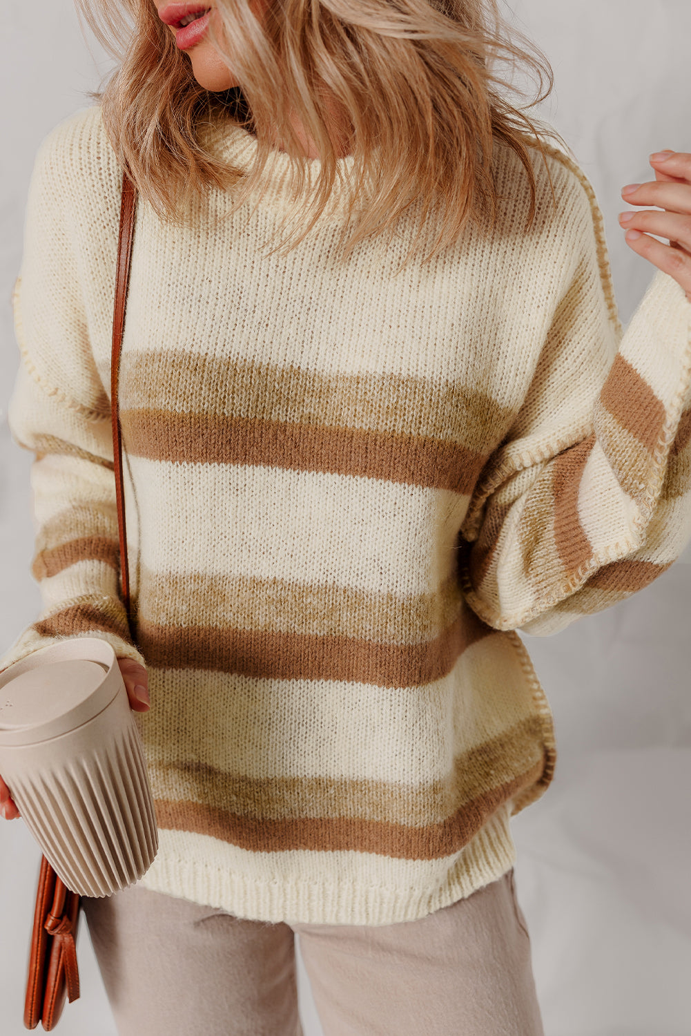 Khaki Stripe Exposed Seam Drop Shoulder Knit Baggy Sweater