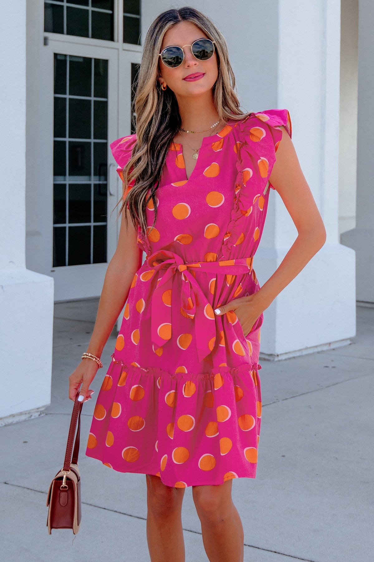 Rose Polka Dot Ruffle V-Neck Mini Dress