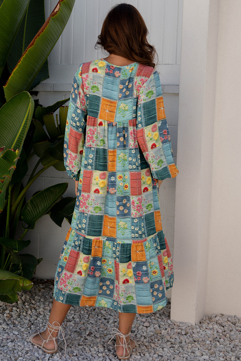 Sky Blue Mix Floral Checkered Bubble Sleeve Ruffle Hem Dress