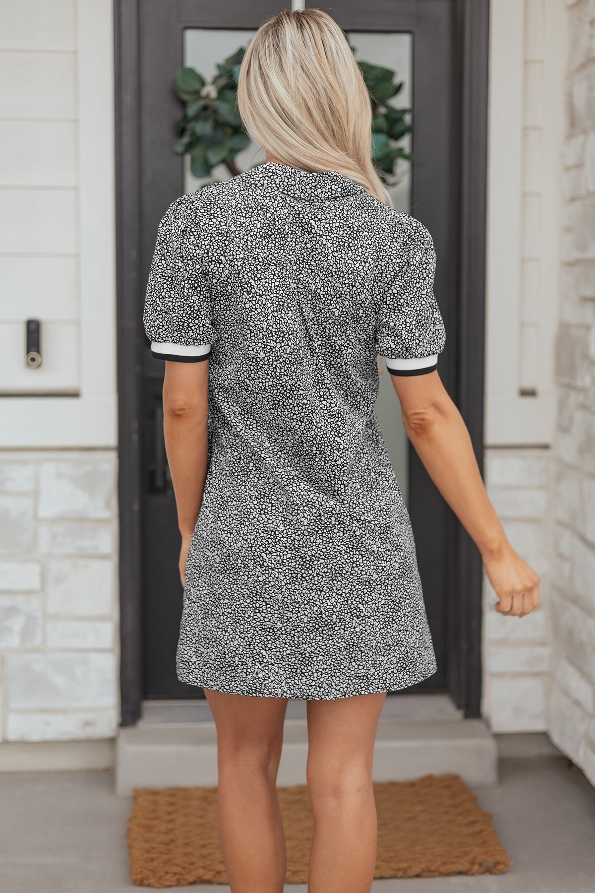 Black Leopard Print Striped Short Sleeve Dress with Pockets
