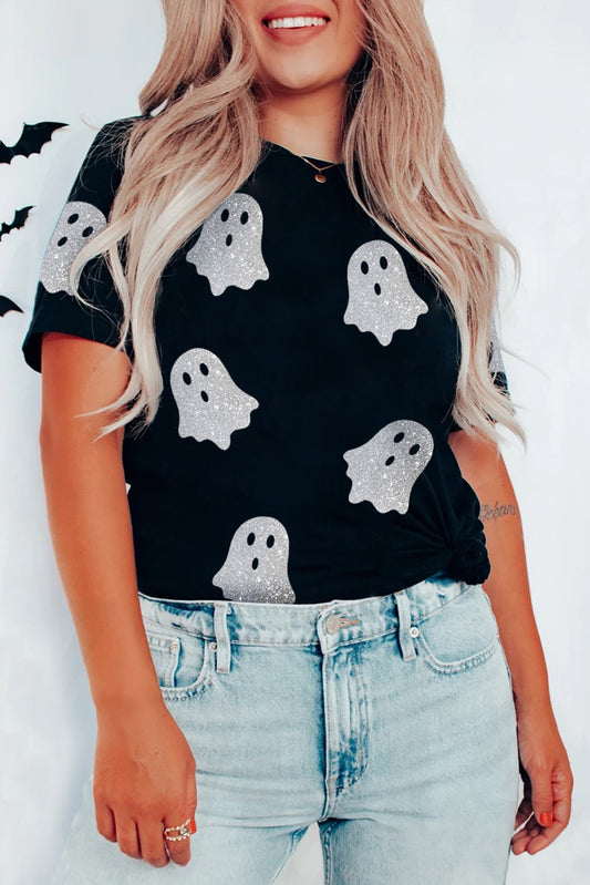 Black Glitter Ghost Pattern Crew Neck Halloween T-Shirt