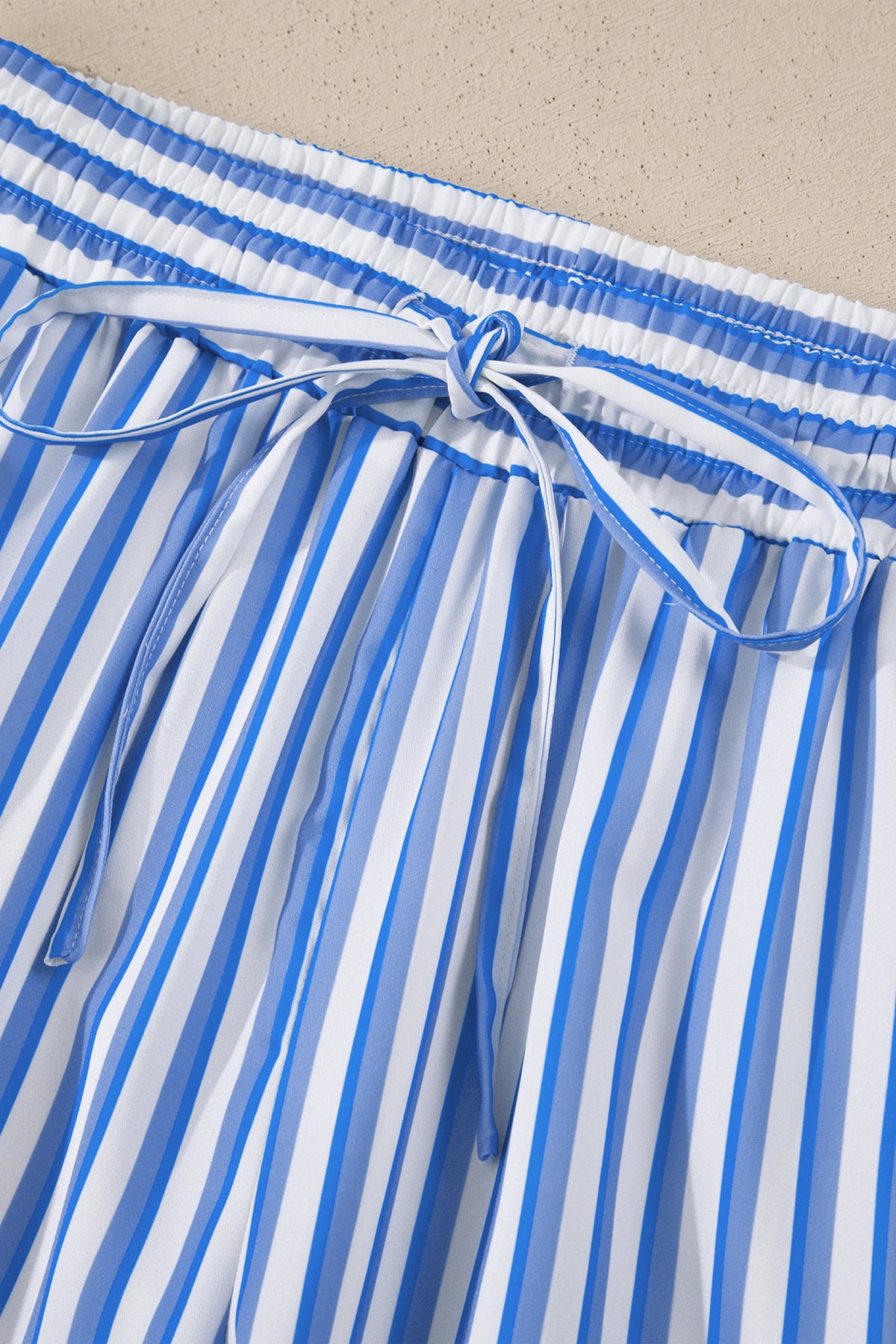 Sky Blue Stripe Drawstring Elastic Waist Patch Pocket Wide Leg Pants