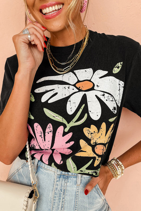 Black Retro Floral Print Crew Neck Casual T-Shirt