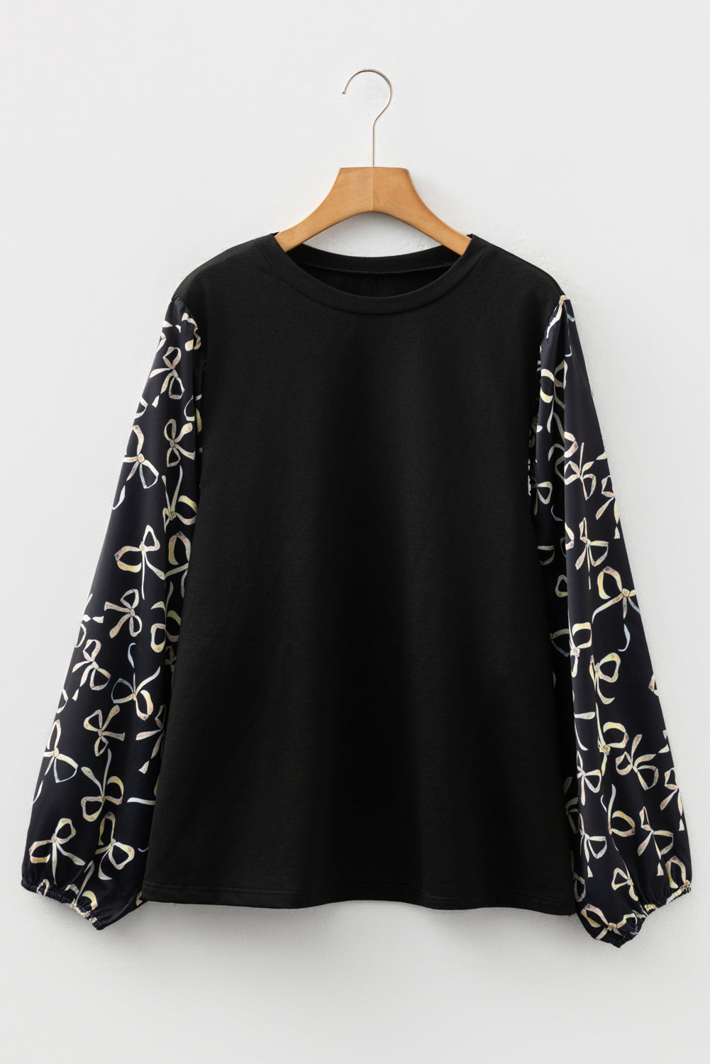 Black Bow-Knot Patchwork Crewneck Plus Size Blouse