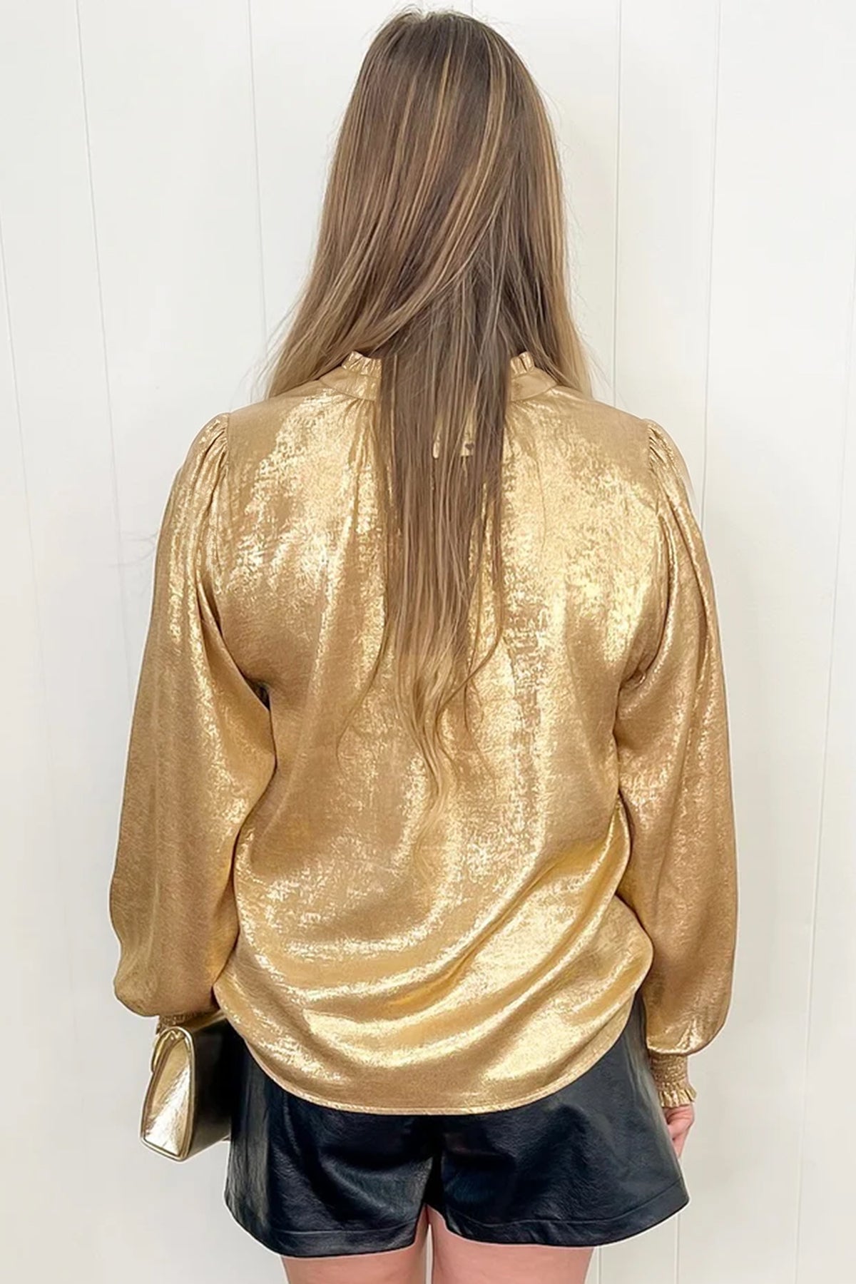 Gold Metallic Sheen V Neck Gathered Cuff Blouse