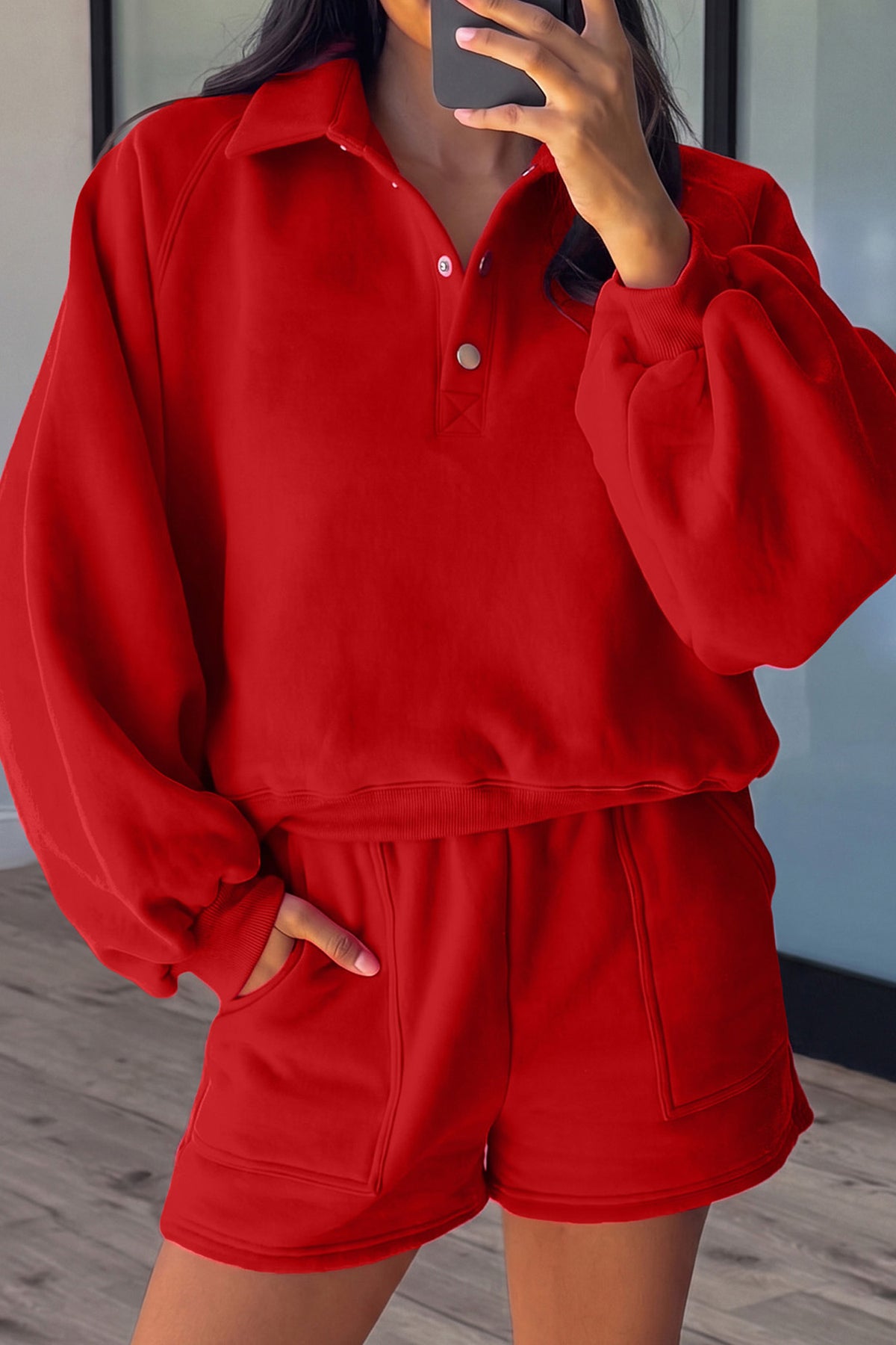 Fiery Red Half Button Puff Sleeve Top and Shorts Set
