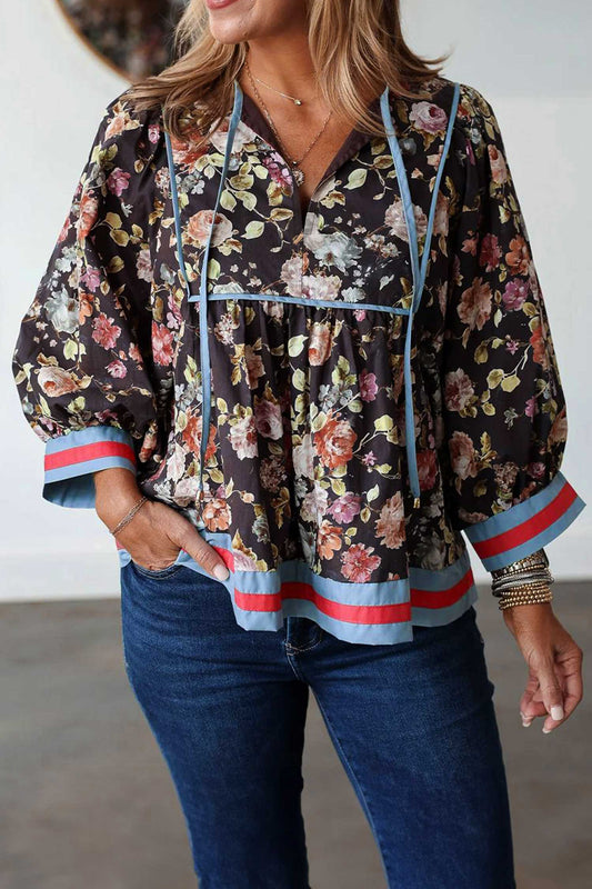 Black Floral Print Contrast Trim Tie V Neck Blouse