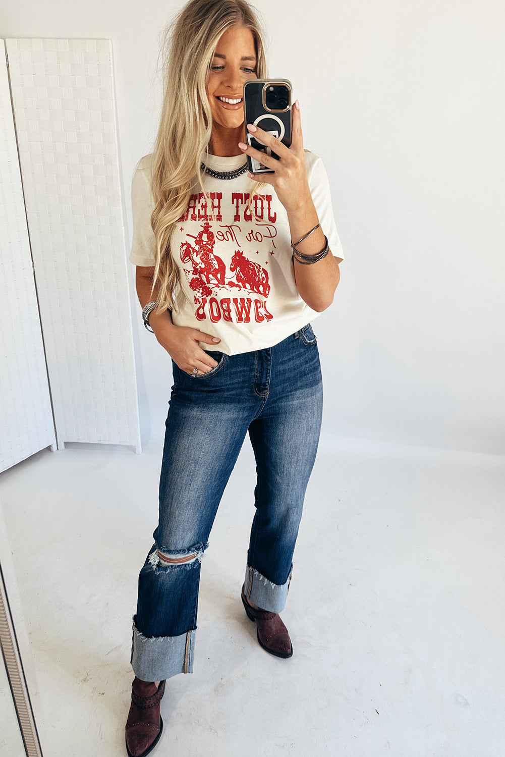 White JUST HERE For THE COWBOY Cuffed Sleeve Crew Neck T-Shirt