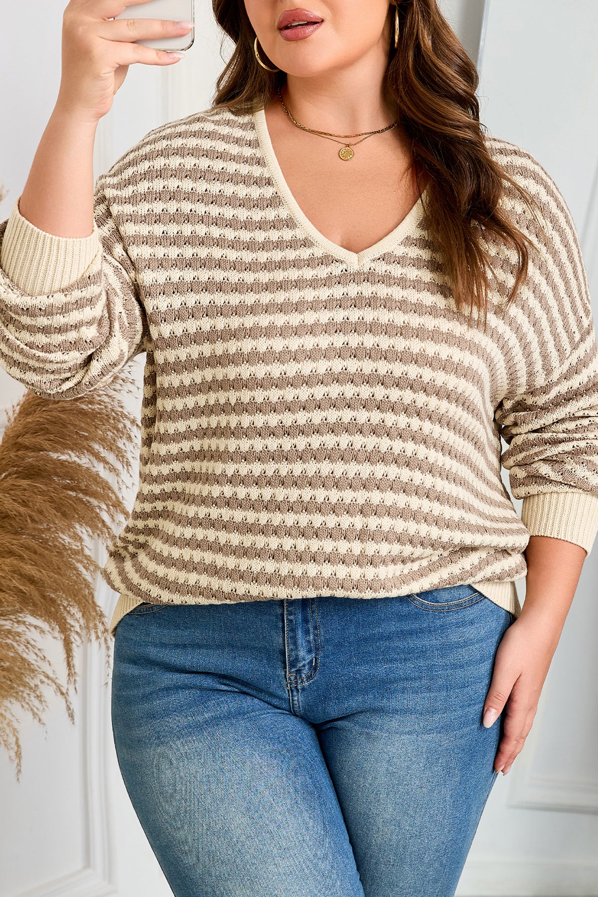 Khaki Stripe Plus Size V-Neck Drop-Shoulder Sweater