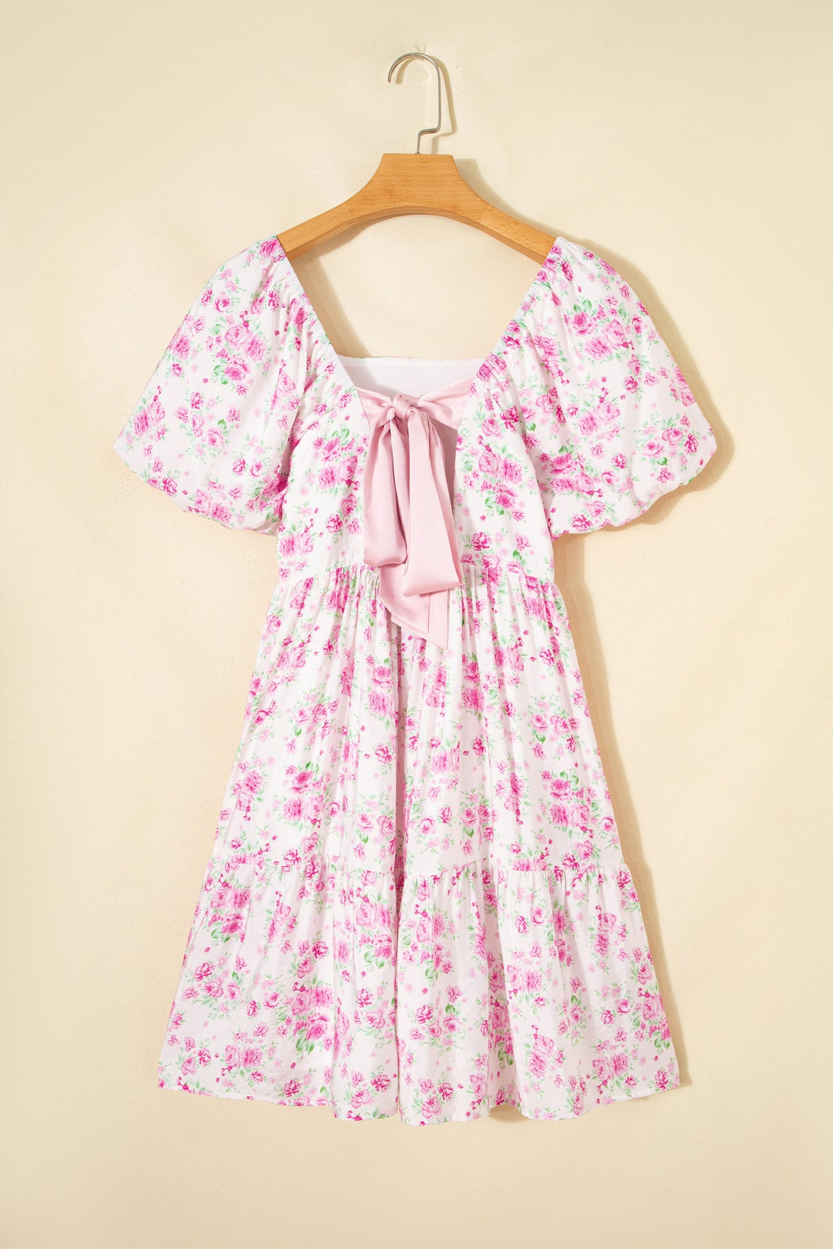 Pink Floral Bow Square-Neck Mini Dress