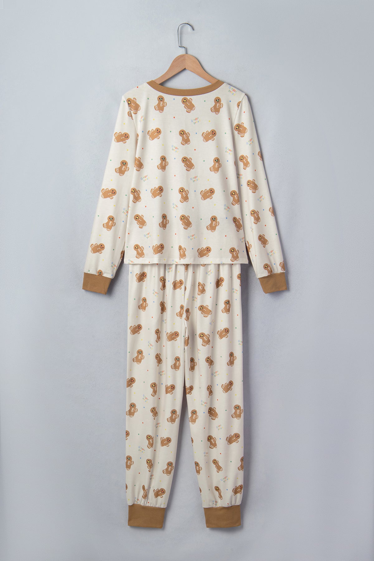 Khaki Abstract Gingerbread Print Colorblock Long Sleeve Lounge Set