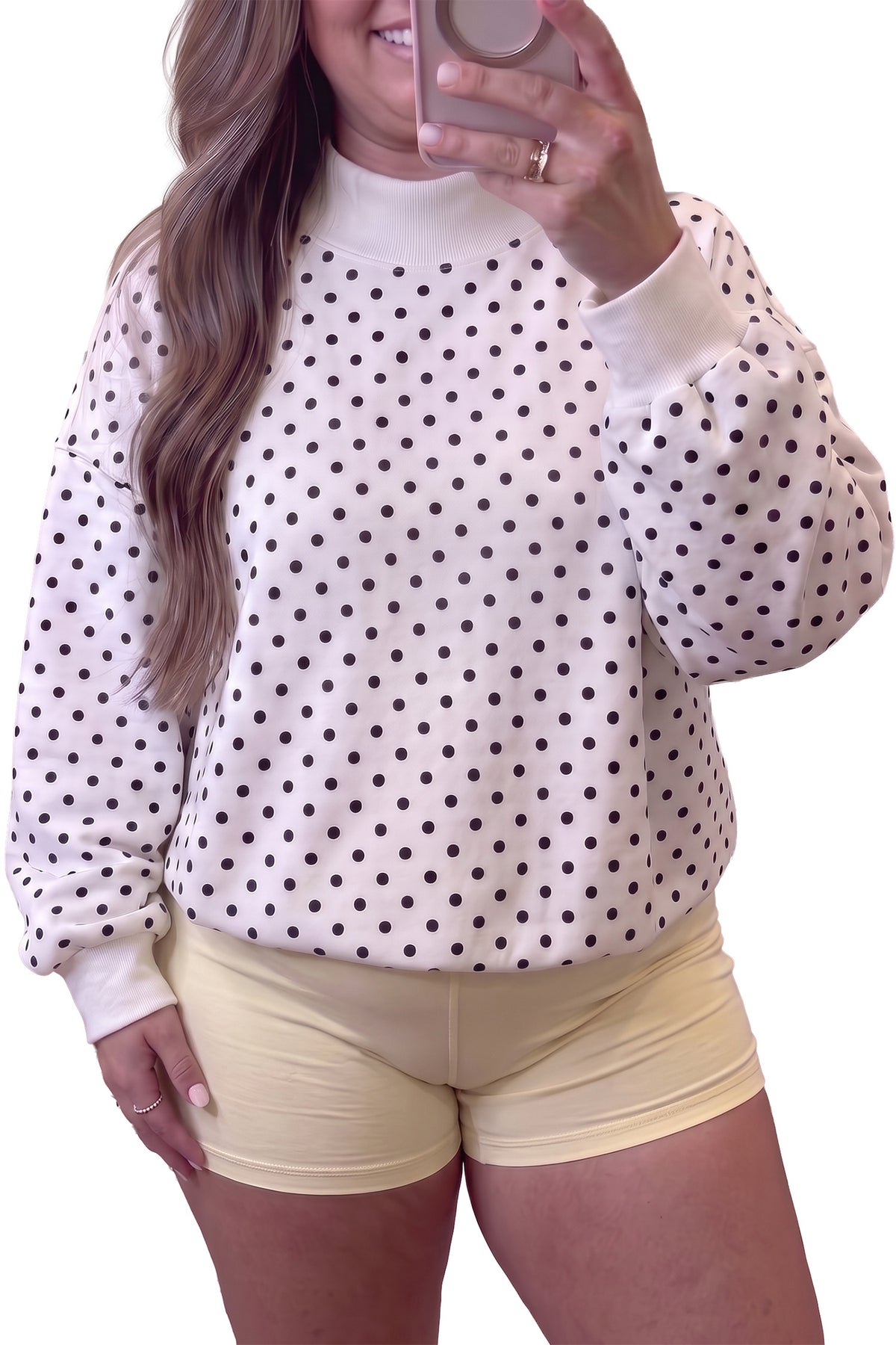 White Polka Dot Ribbed Stand Neck Plus Size Sweatshirt