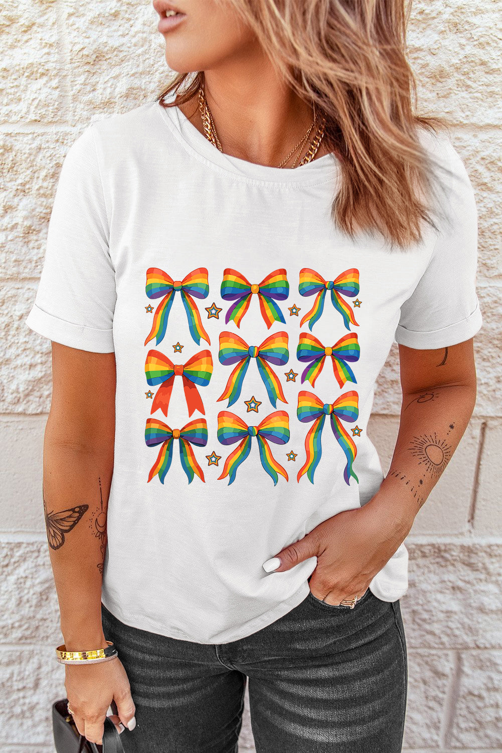 White Pride Bow Starry Print Cotton Blend T-Shirt