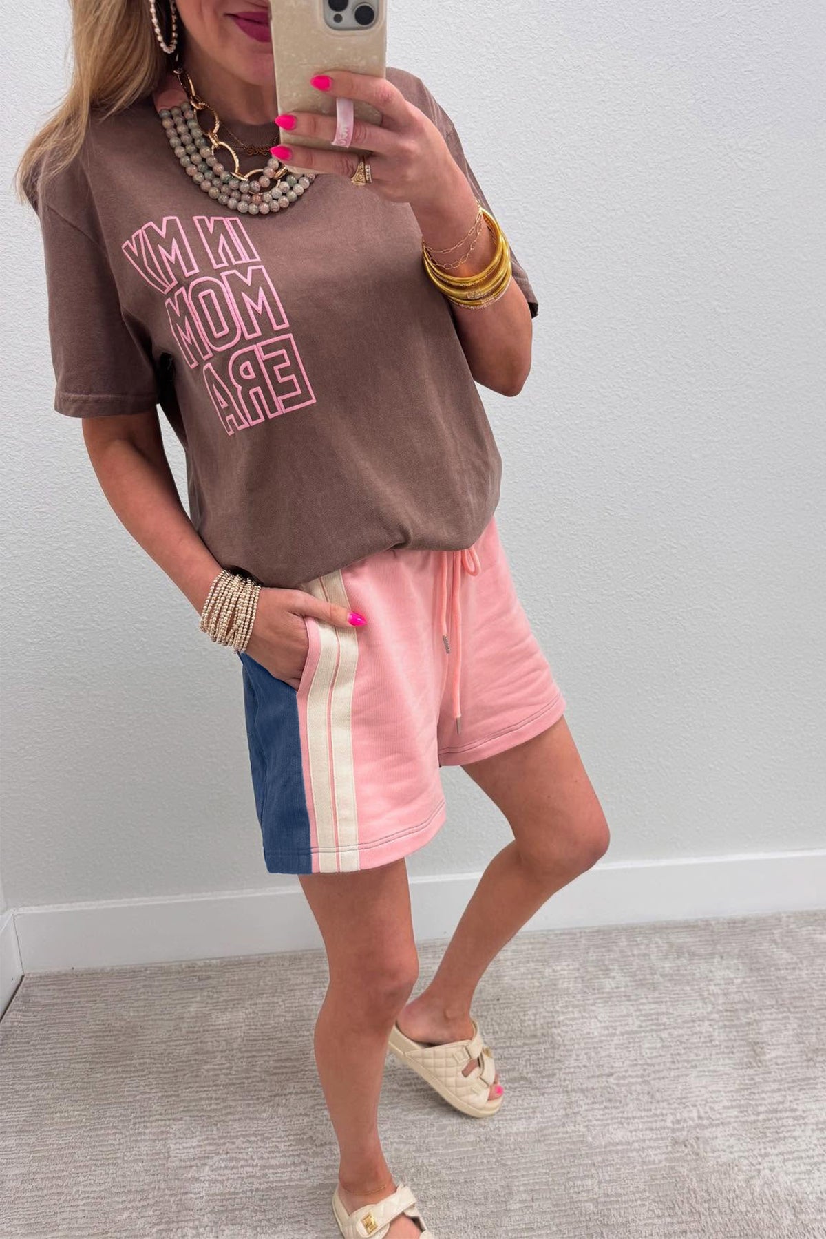 Pink Color Block Patchwork Varsity Striped Drawstring Elastic Shorts